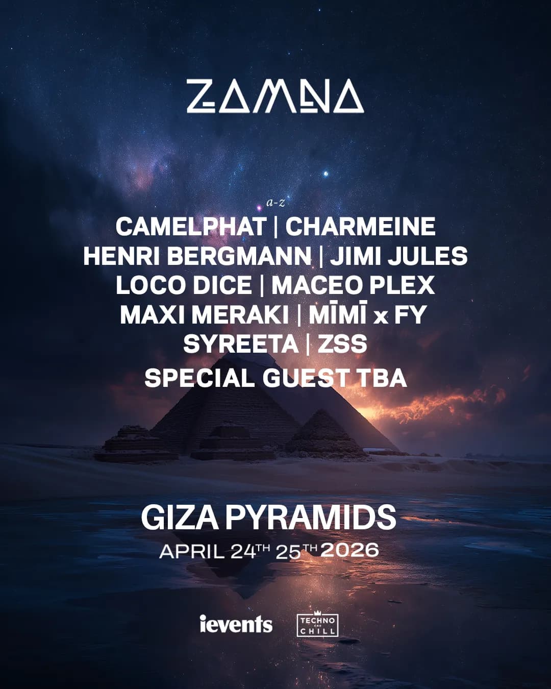 CamelPhat, Maceo Plex, Loco Dice, Jimi Jules, Charmeine, Henri Bergmann, Maxi Meraki, Mimi x FY, Syreeta & ZSS hit Pyramids April 24-25. Epic house grooves echo through ancient history.