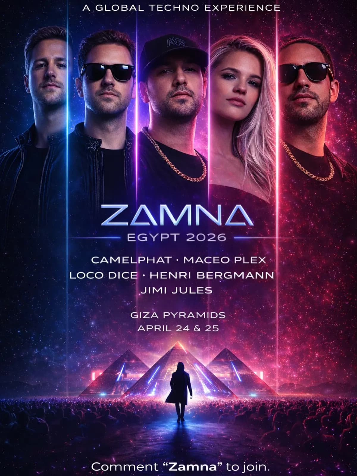 CamelPhat, Maceo Plex, Loco Dice, Henri Bergmann, and Jimi Jules hit Pyramids April 24-25. Deep house under desert stars.