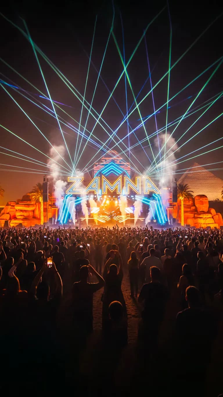 Pyramid shadows frame the ultimate house music altar. "Dance With the Gods" production lights up Giza April 24-25. Deep groves meet ancient power. Stage ready for legend status.