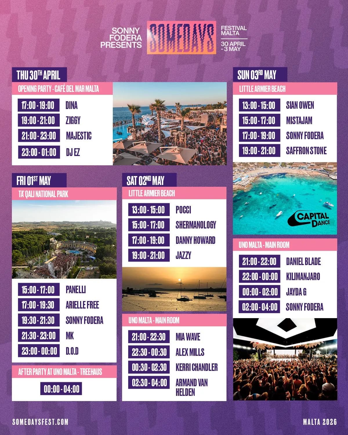Somedays Festival transforms Malta into a house music haven across three stunning open-air venues, spreading the action from April 30 to May 3, 2026. Each spot delivers uni.