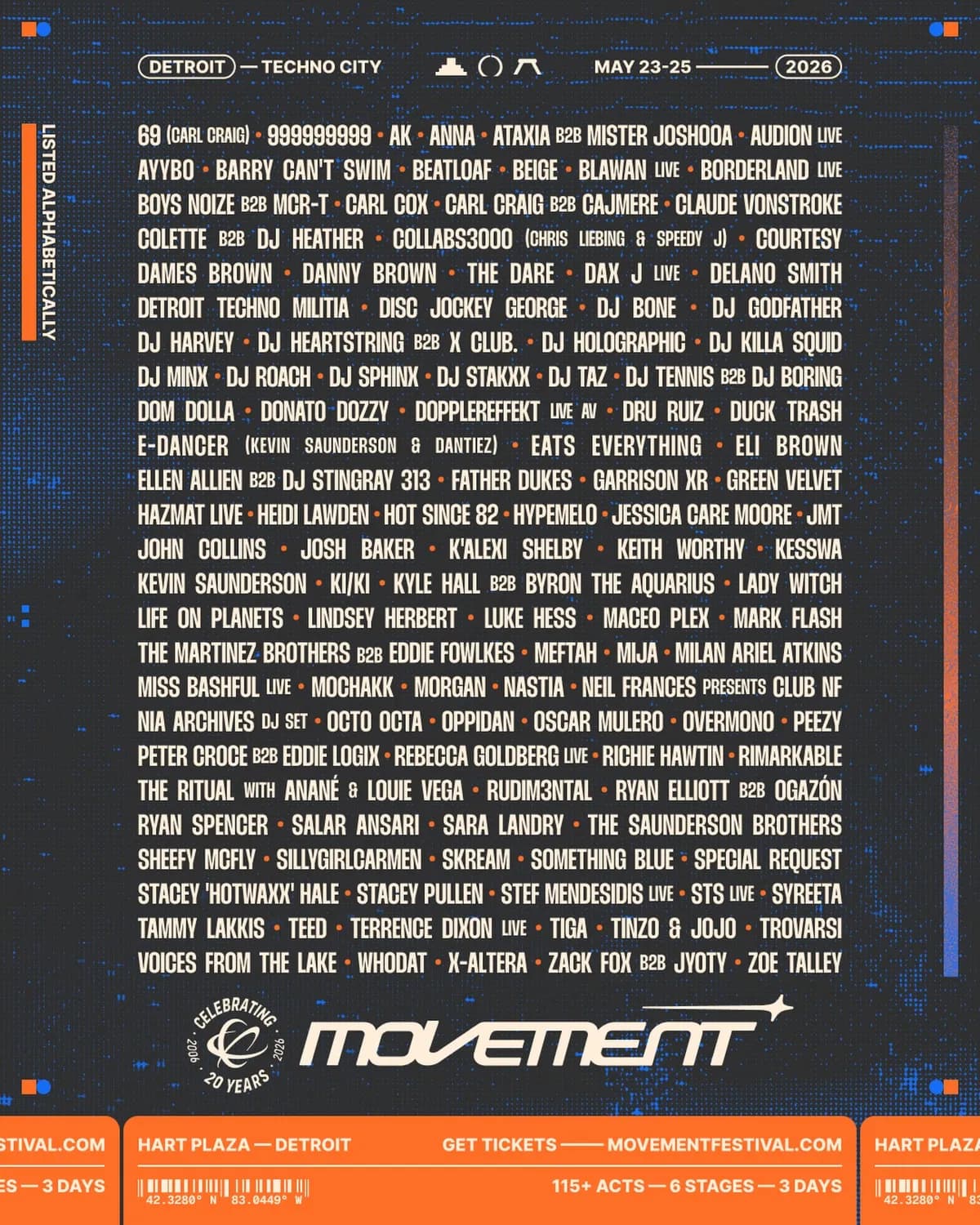  The full Movement Detroit 2026 lineup and yes, it is actually real. May 23 to 25 at Hart Plaza. Start making your excuses for calling in sick on May 26.