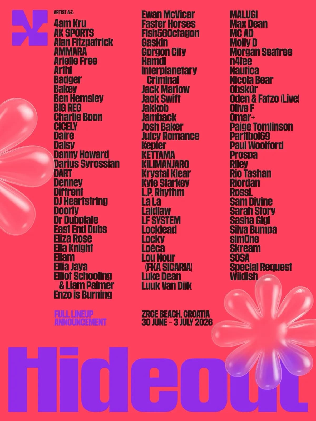 The full Hideout 2026 lineup. Sold out in one hour. Looking at this it's not hard to understand why.