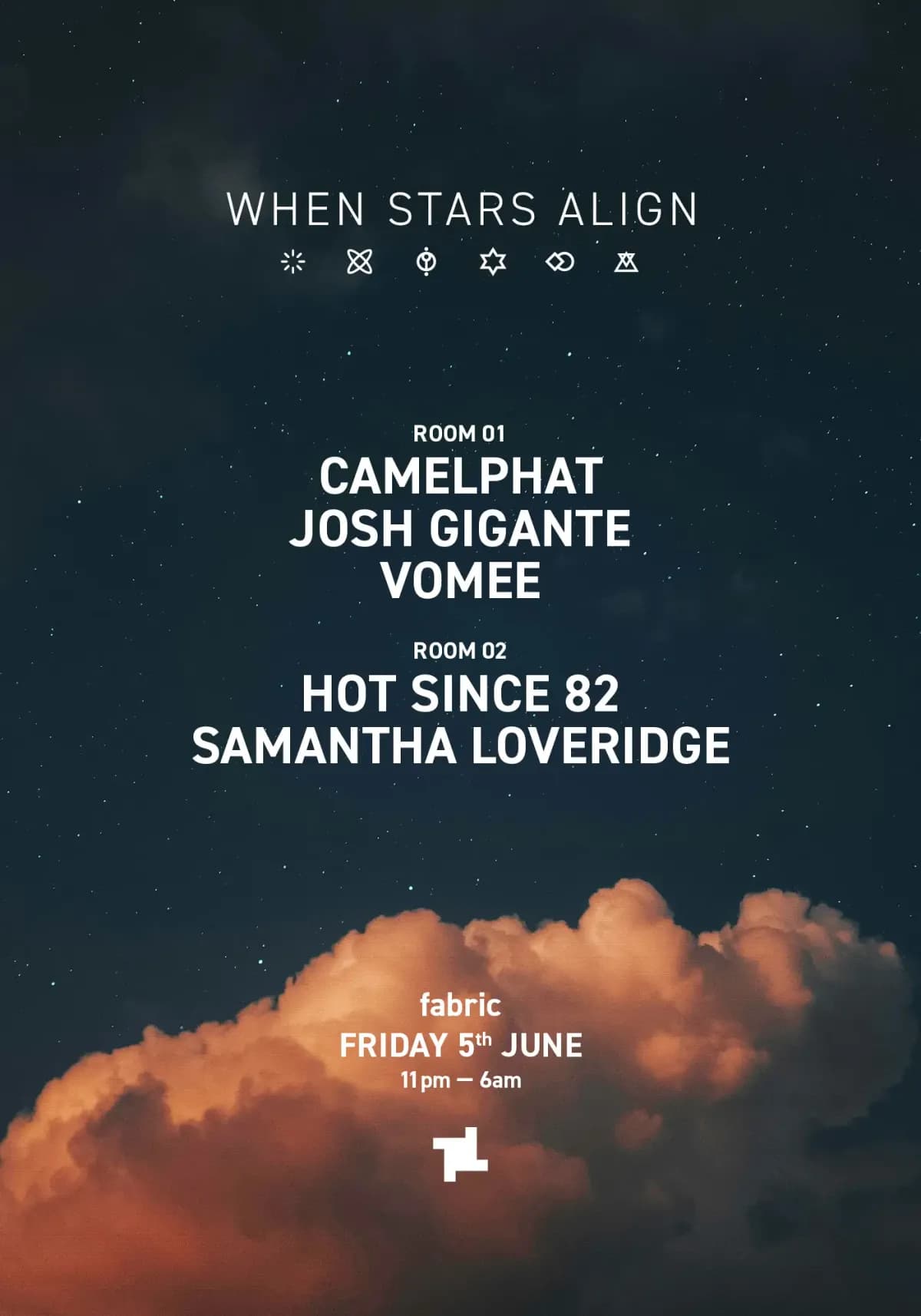 When stars align it hits different at Fabric. Room 01 to Room 02, this is that 'all night energy' you don't just attend you survive. 11PM to 6AM.