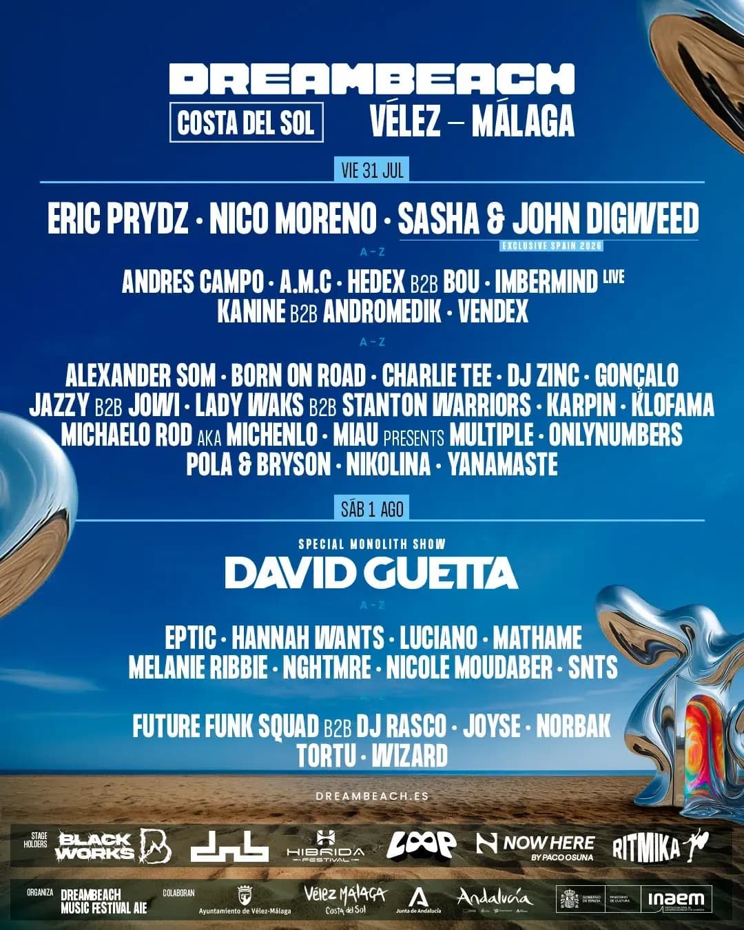 David Guetta's exclusive Monolith Show and Eric Prydz headlining Dreambeach Costa del Sol 2026. Two of the biggest and most spectacular live acts in electronic music on one bill