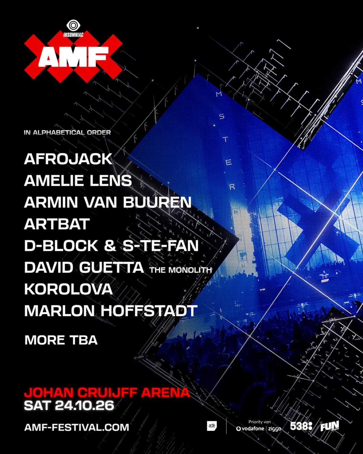The AMF 2026 lineup, Eight artists, Nine hours. Johan Cruijff Arena. October 24.