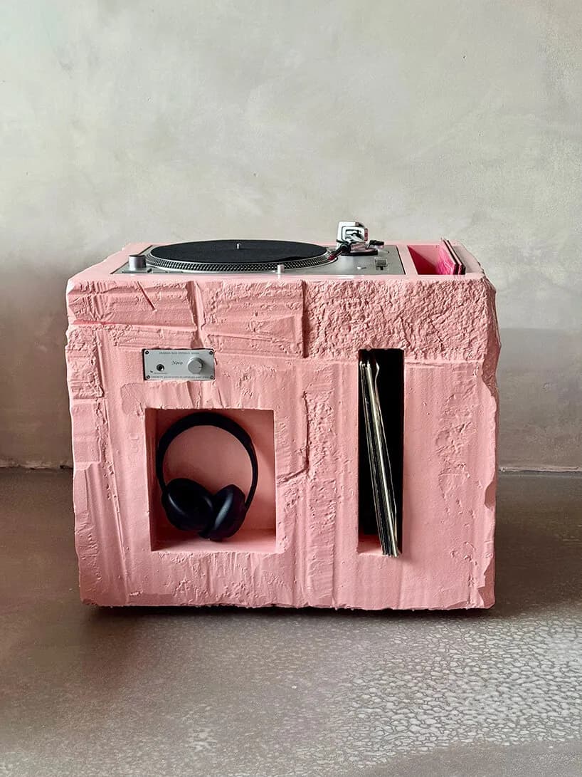 pink sculptural DJ booth by YONT studio sits inside hybrid record store in berlin