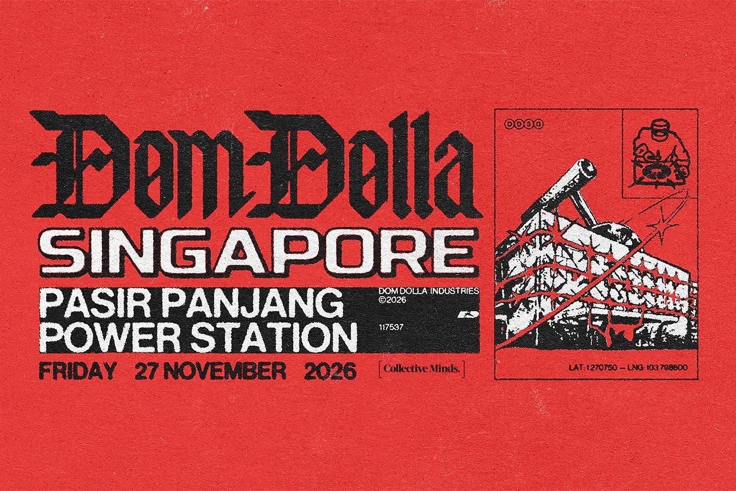 Official key art for Dom Dolla's 27 November Singapore debut at Pasir Panjang Power Station.