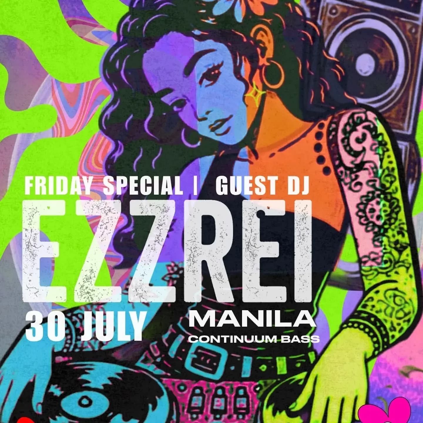 Continuum Bass's own flyer for one of Ezzrei's guest sets in Manila, the kind of booking that built the label from party into infrastructure.