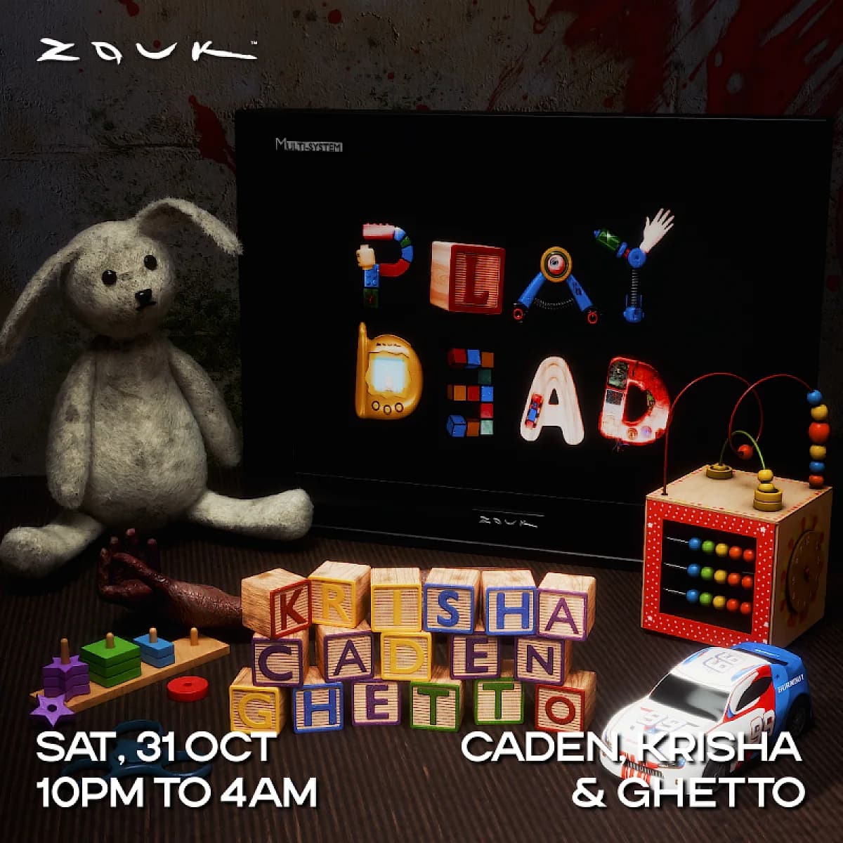 Zouk's main room runs 'Halloween 2026 — Play Dead' on October 31 with Caden, Krisha and Ghetto, 10pm to 4am.