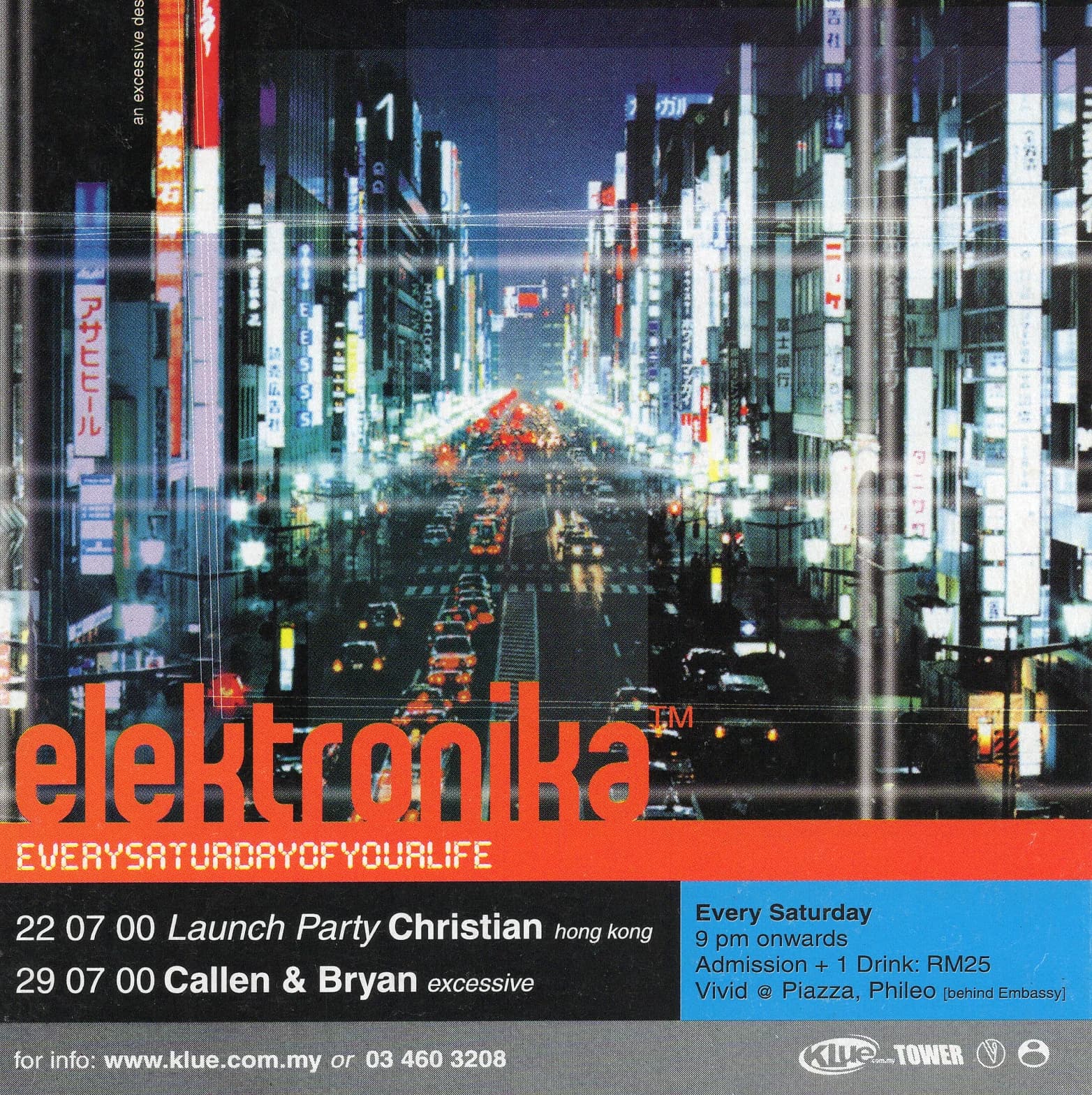 A flyer for the July 29, 2000 edition of Vivid Elektronika's weekly Saturday night at Vivid @ Piazza, Phileo, billing Callen Tham and Bryan together as 'excessive.'