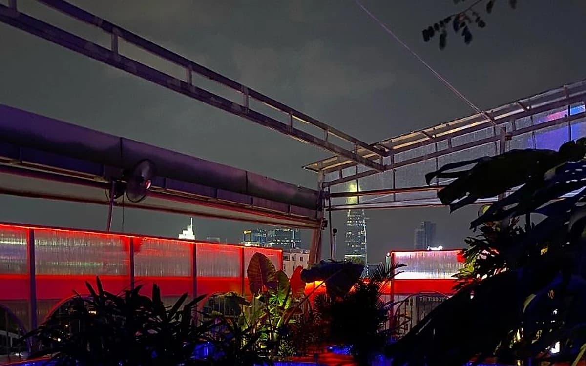 The Observatory's rooftop terrace, with Ho Chi Minh City's skyline behind it.
