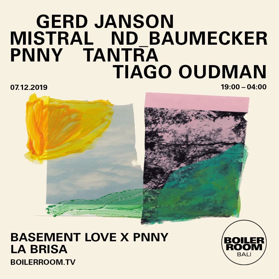The flyer for PNNY's 2019 Boiler Room session at La Brisa, one of the island's first, alongside Gerd Janson and ND_Baumecker.