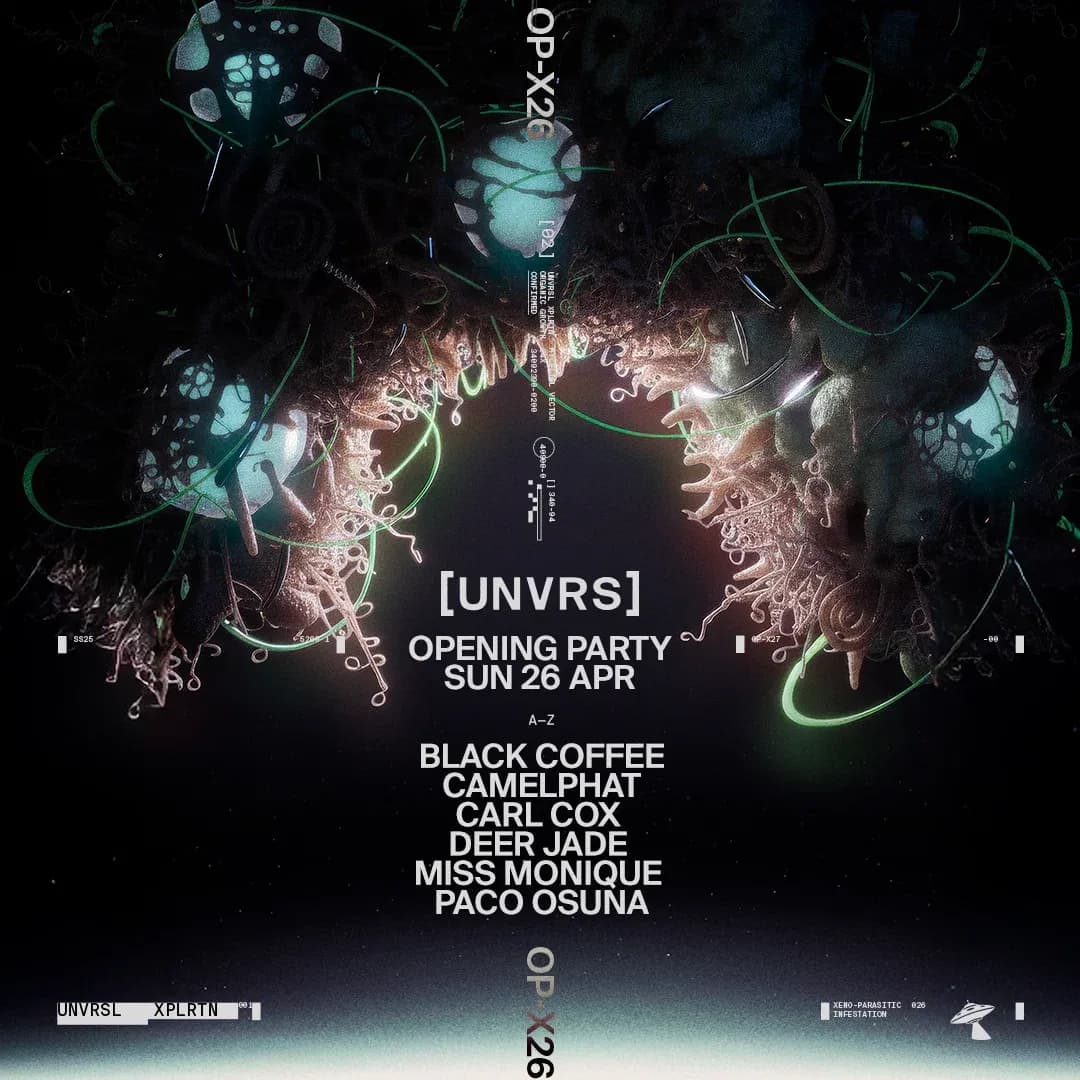 Black Coffee, Carl Cox, Deer Jade, Miss Monique & Paco Osuna headline UNVRS Season 2 opening April 26. Epic house fusion awaits.