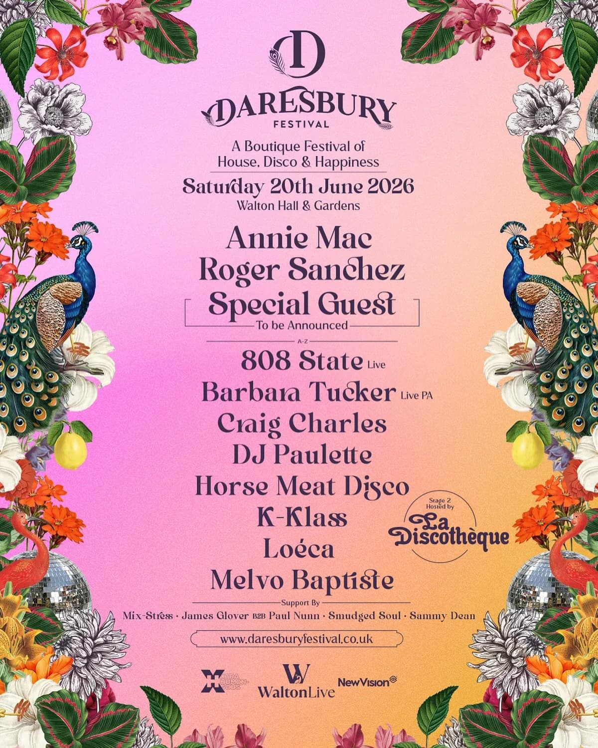 Daresbury Festival 2026. House, disco and happiness. Walton Hall and Gardens, Cheshire. June 20th. This is the one.