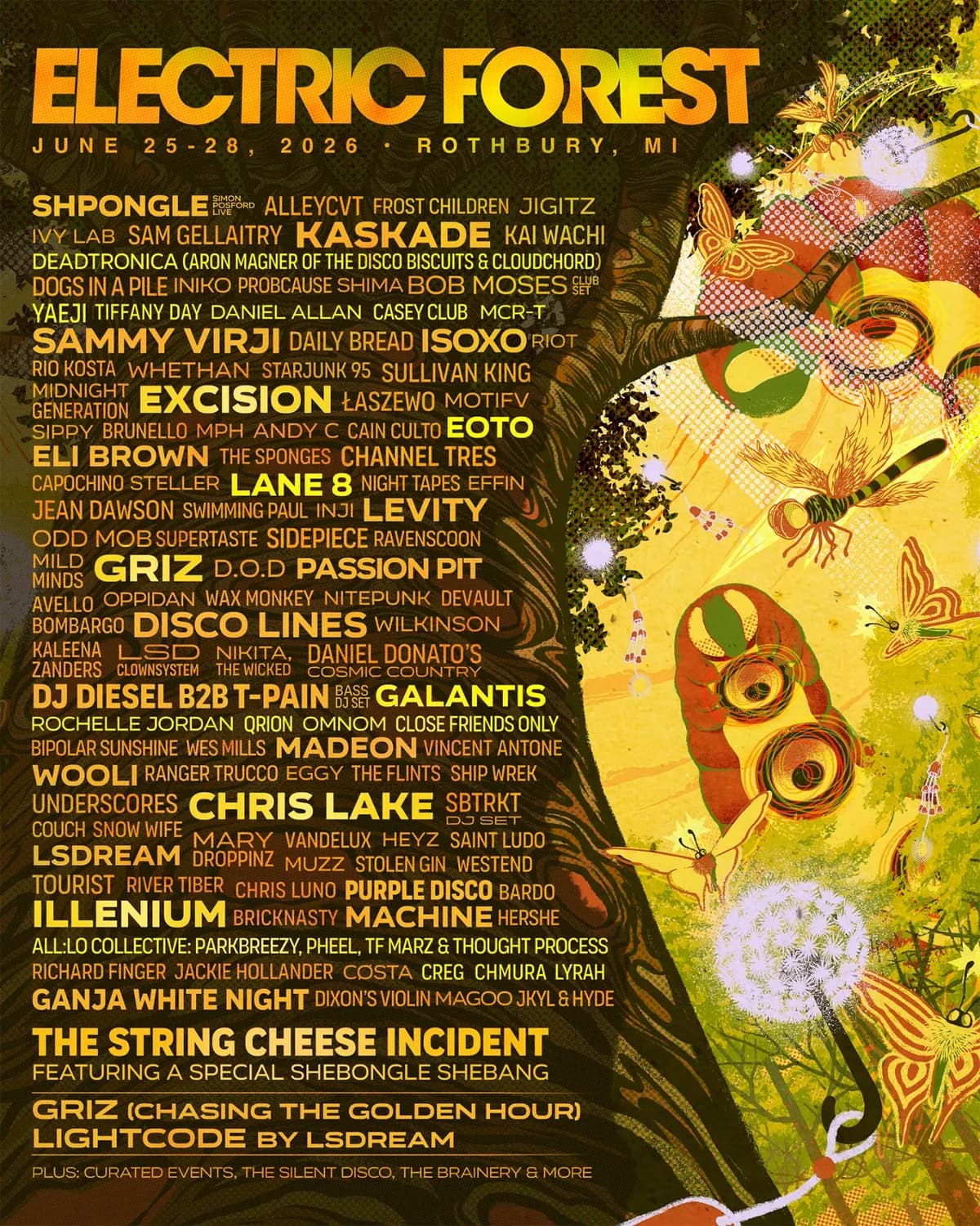 Electric Forest 2026 lineup: Kaskade sunset dreams, GRiZ twilight glow, Chris Lake woodland beats. Sofa gone, tent life.