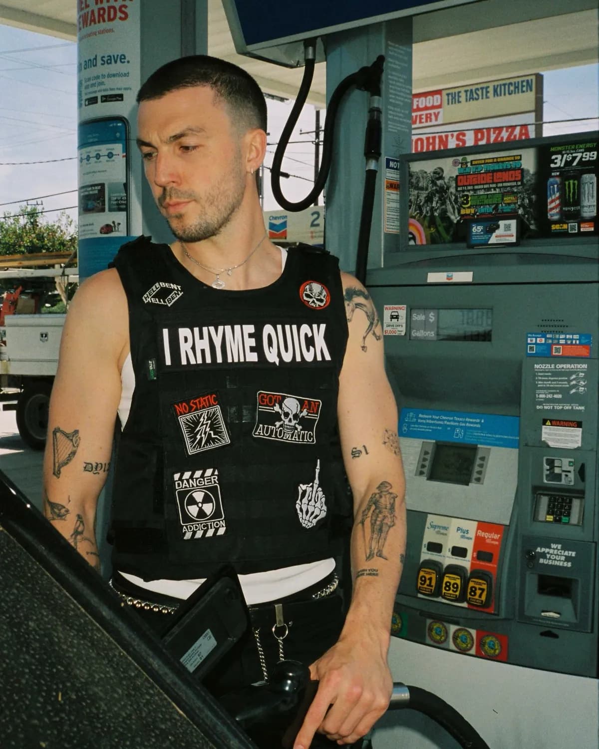 Cloonee sporting the custom 'I Rhyme Quick' vest ahead of his release night.