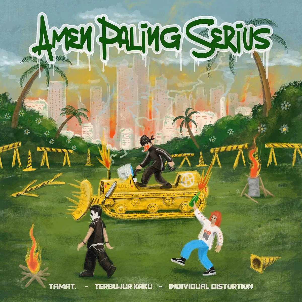 Cover art for 'Amen Paling Serius,' the August 2025 three-way split between Individual Distortion, TerbujurKaku and TamaT.
