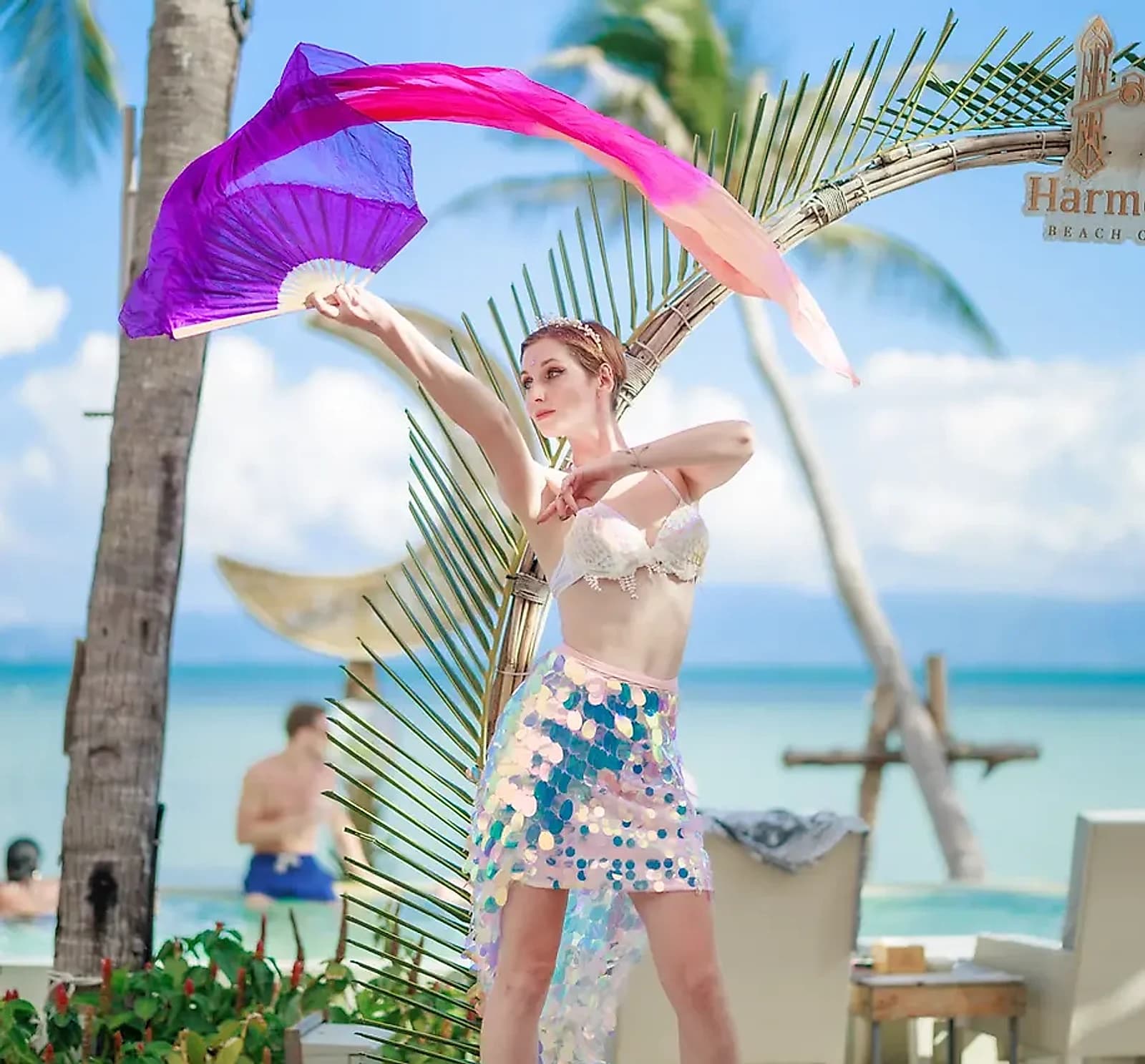 A performer at Half Moon Festival's daytime warm-up party at Harmony Beach Club, the first half of the festival's two-day format.