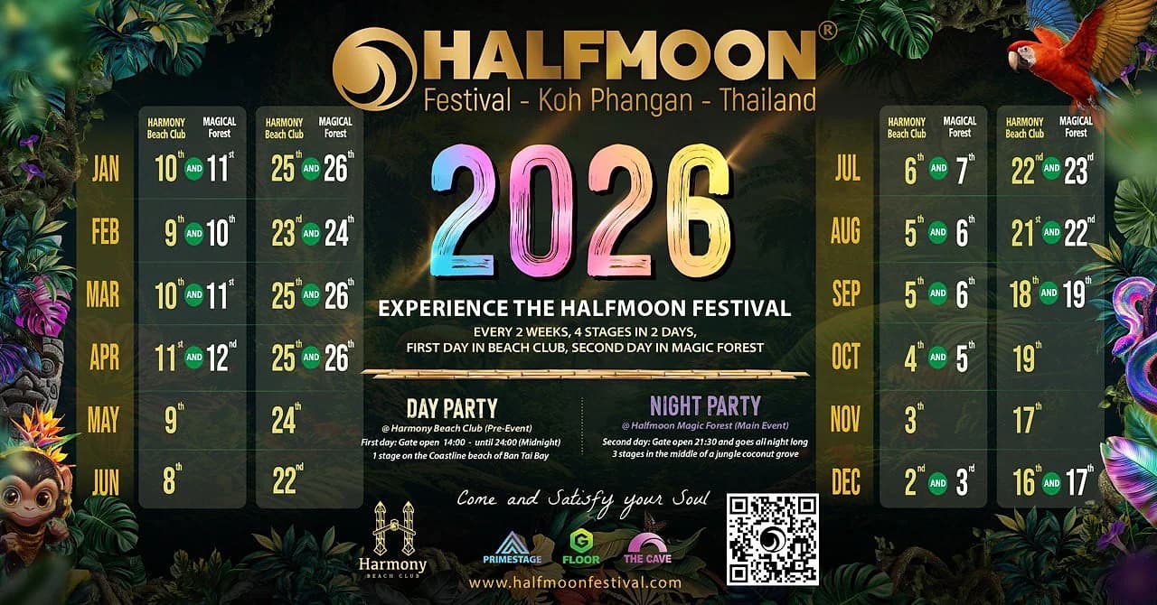 Half Moon Festival's official 2026 schedule: a beach club day party followed by an overnight jungle rave, roughly every two weeks.