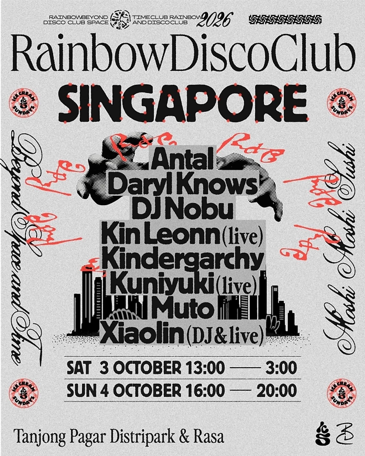 The official lineup poster for Rainbow Disco Club Singapore, October 3-4 at Tanjong Pagar Distripark, Cargo39 and RASA.