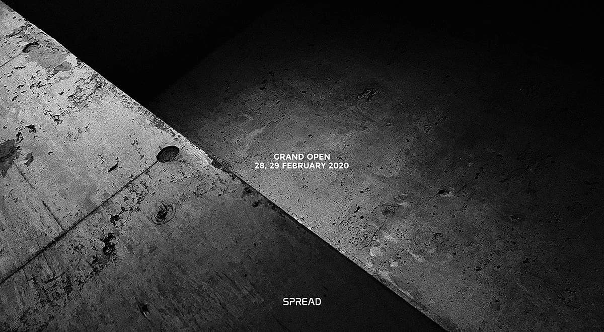 SPREAD's basement room in Shimokitazawa, pictured at its grand opening in February 2020. The same concrete floor got covered in carpet for Jucy Book Rave.
