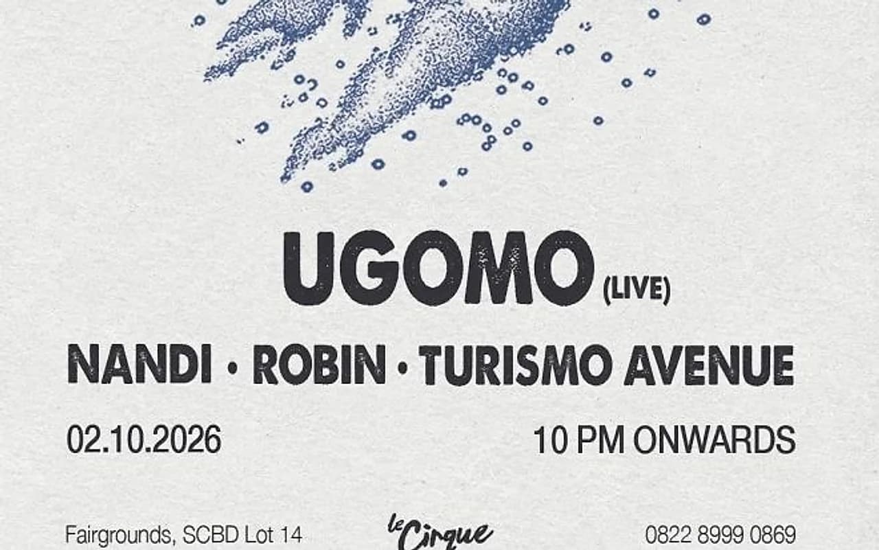 House Cartel's flyer for Ugomo's Jakarta live debut, October 2 at Le Cirque, with Nandi, Robin and Turismo Avenue on the bill.
