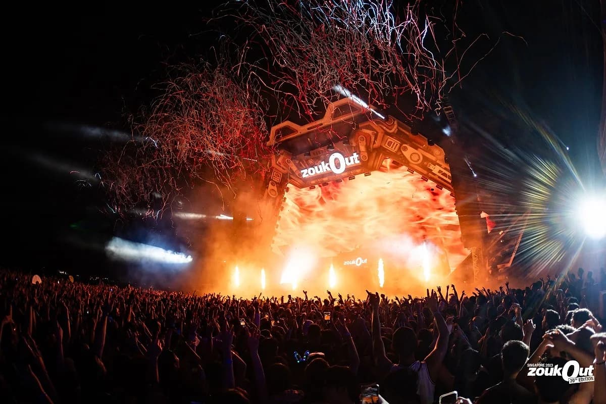 The main stage on fire, literally, at ZoukOut's 20th-anniversary edition in December 2023.